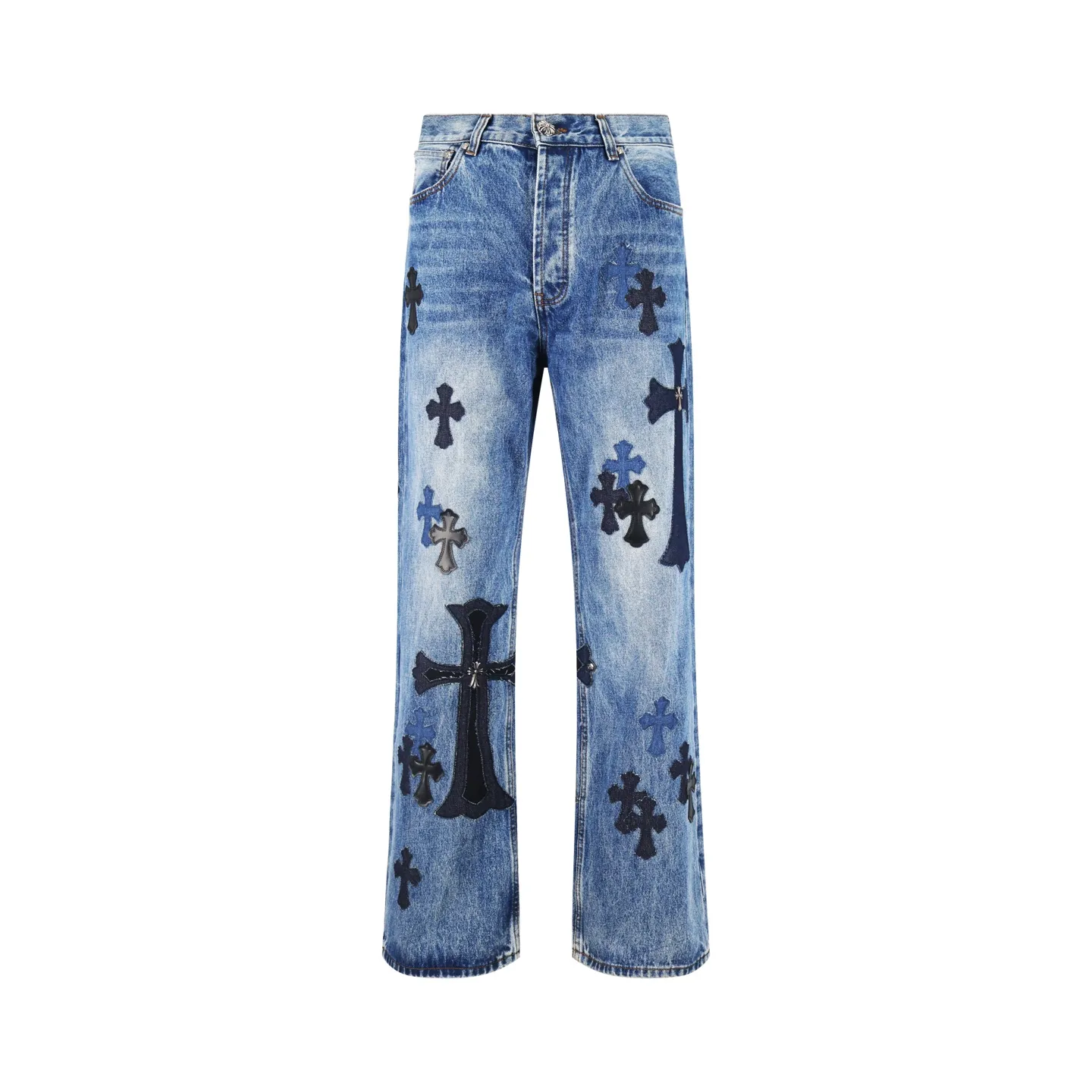 🅿️800 [Exclusive supply] CH Croix Heart Cow King jeans (blue) using genuine levis502 as the base plate, purchased the original version at 5W, heavily washed, frayed and distressed, customized cowhide cross, dyed and fixed to prevent color fading. Fully right-angle fit hand embroidery thread, a total of 5 small silver nails on the whole body, 1 silver medal, 5 Cross Scout flower buttons. The silver content is 85%. It is not made of 925 silver because the silver content is too high and it will easily turn black and oxidize, which affects the appearance. The printing adopts the garment screen water slurry printing process. Size:32/34/36/38